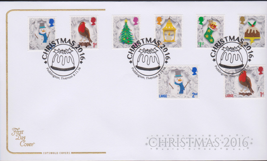 2016 - Christmas Set Cotswold First Day Cover, Puddington Tiverton Postmark